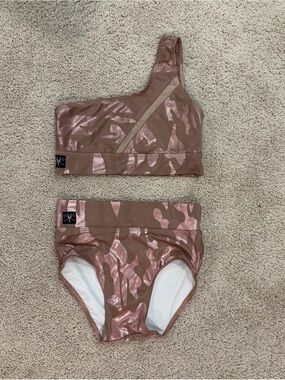 Girls One-Shoulder Metallic Rose Gold Camo dance Set - top and bottom